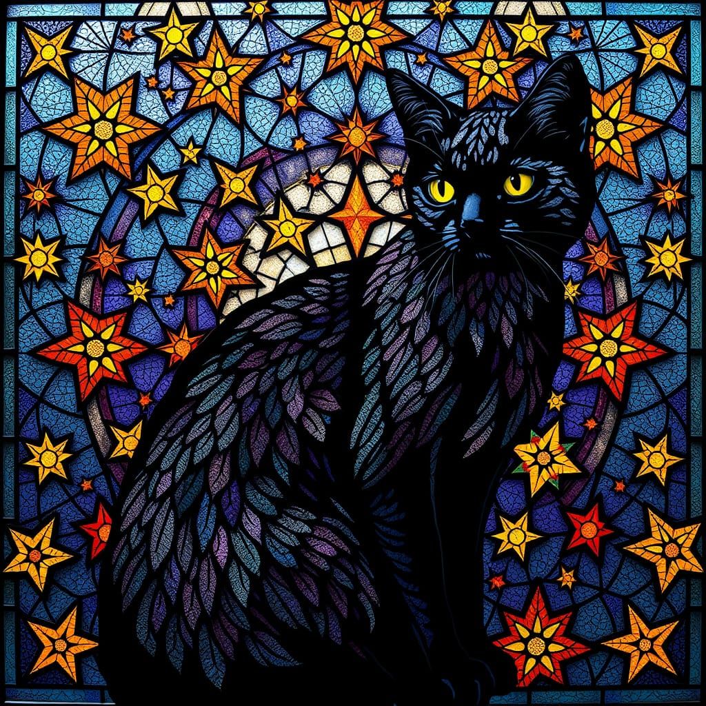 Intricate Stained Glass Cat Amidst Geometric Stars