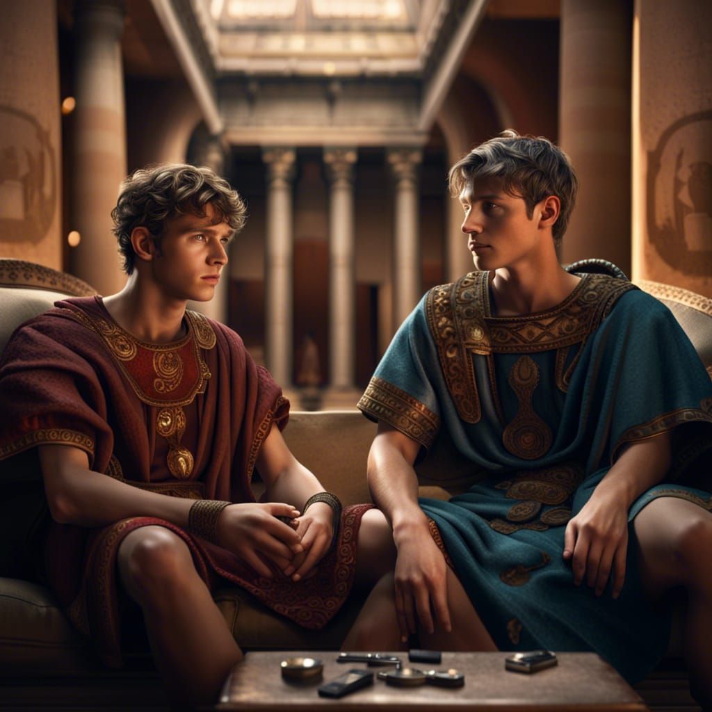 Roman Teens Playing Video Games in Ancient Atrium