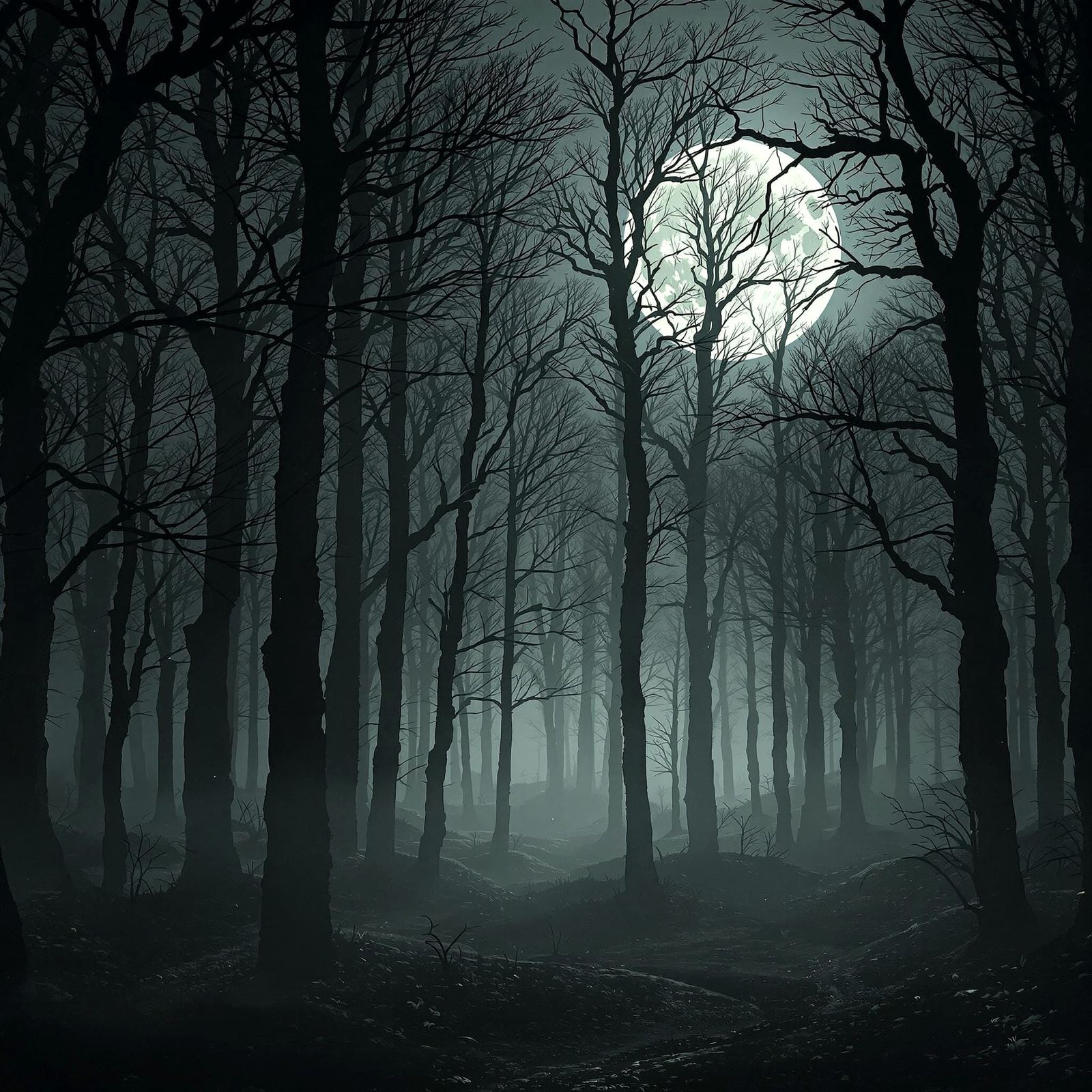 Mystical Foggy Forest with Moon in 3D
