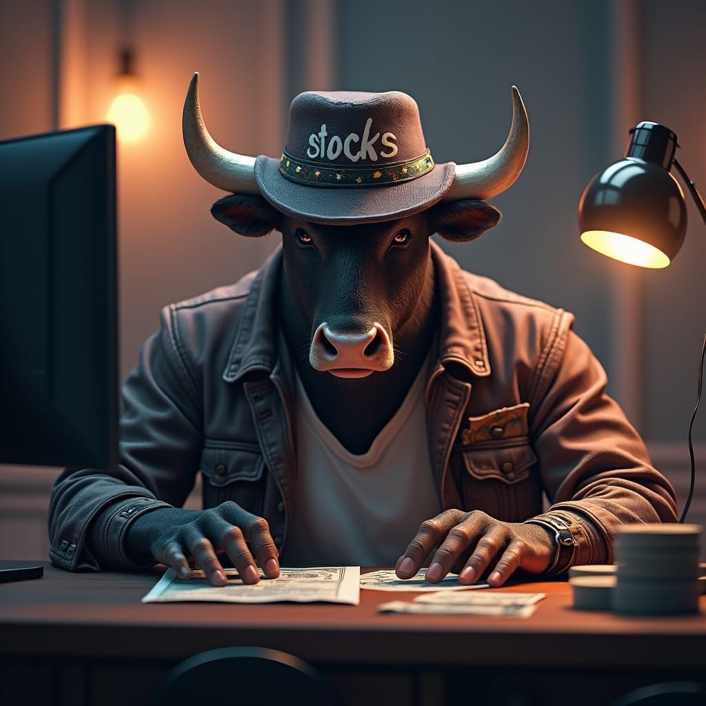 Bull at Desk: Stocks Concept Art in 8K
