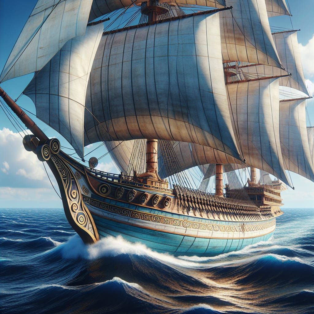 Ancient Greek Sailing Ship in Open Ocean