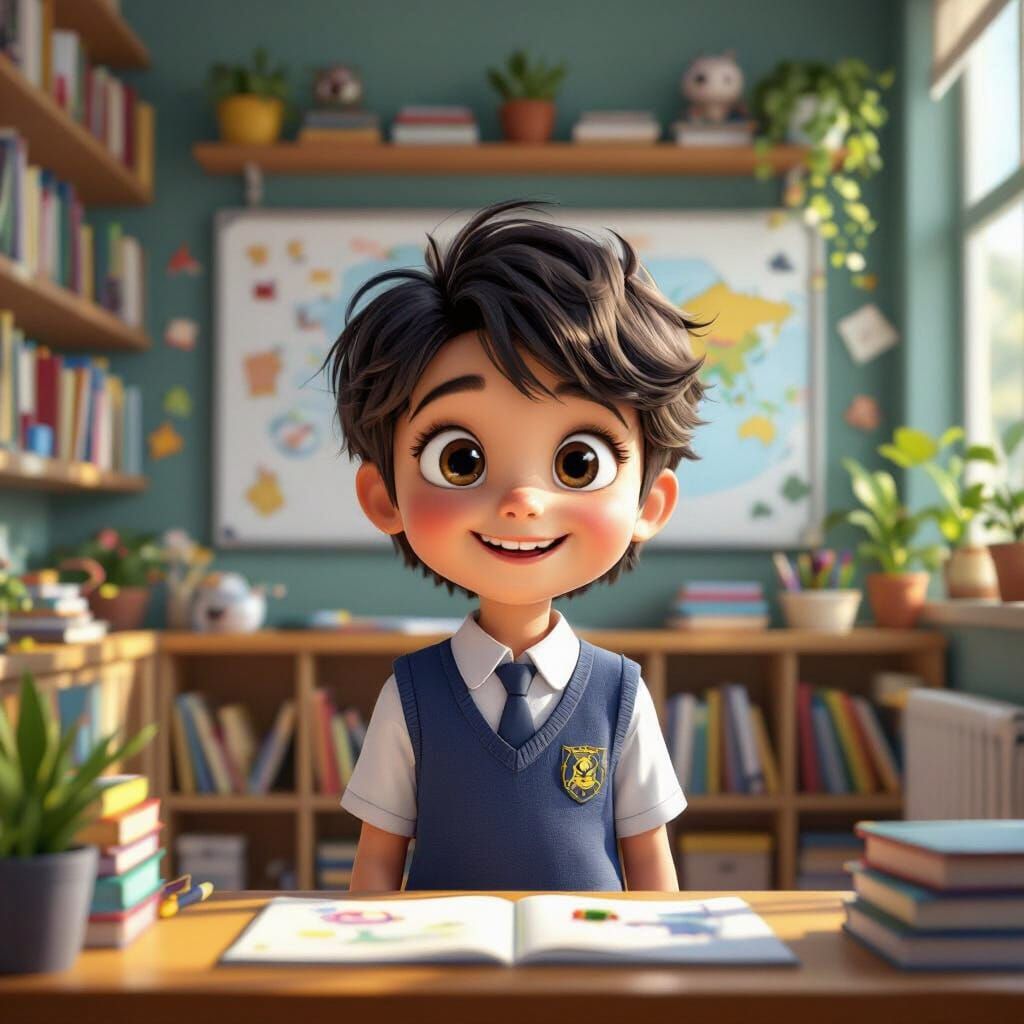 Happy Primary Pupil in Sunlit Classroom - Fantasy Concept Ar...