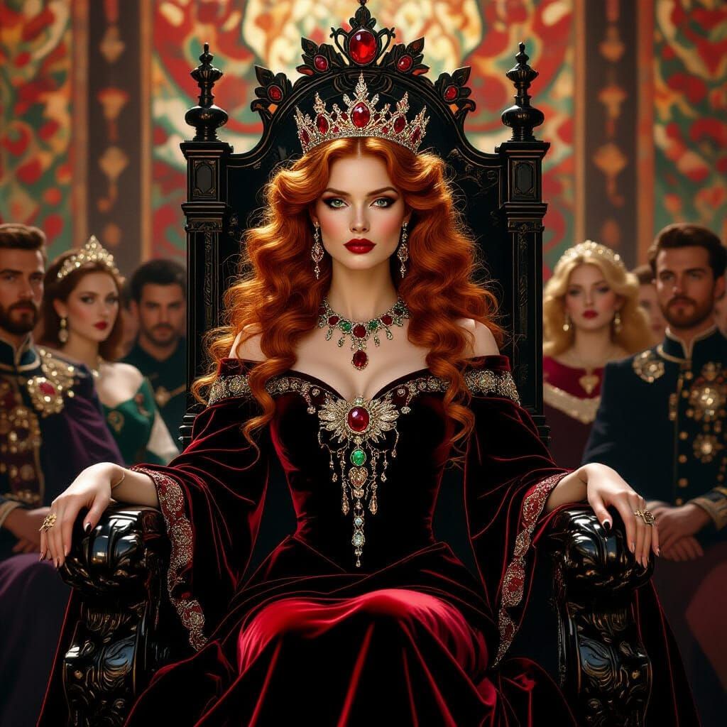 Fiery Queen on Obsidian Throne: Klimt-Inspired Portrait