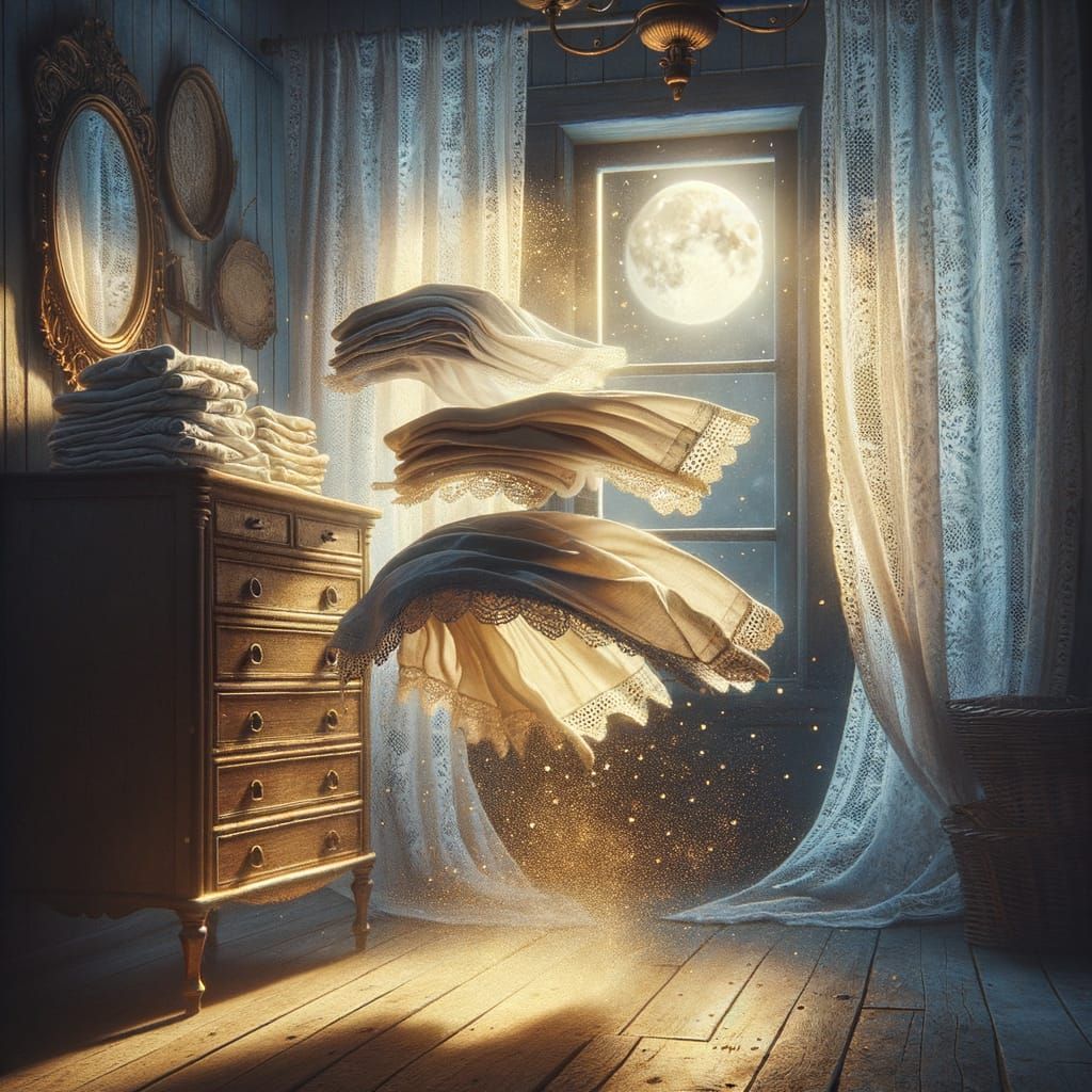 Magical Realism Bedroom Scene with Self-Folding Laundry