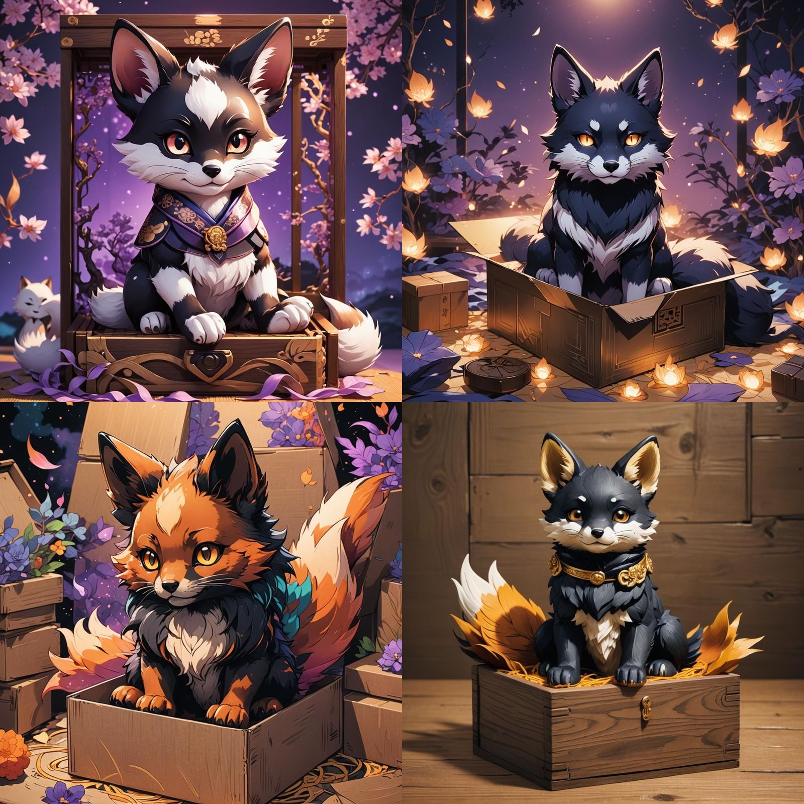 Black Baby Kitsune in Box: Manga Anime Style