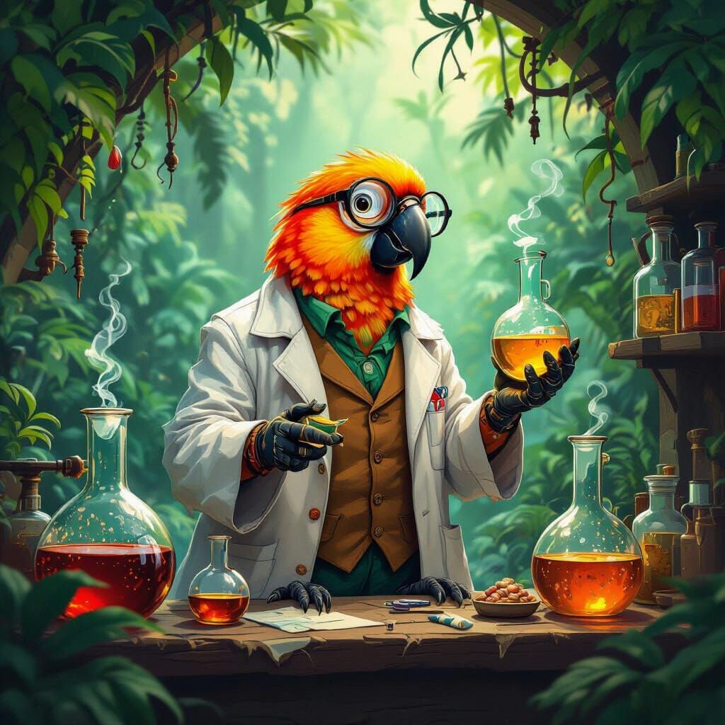 Parrot Alchemist in Jungle Lab, Art Nouveau Style