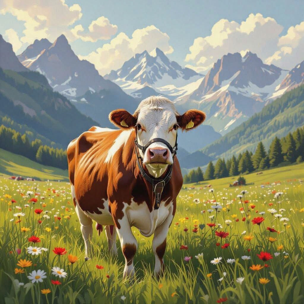 Swiss Brown Cow in Mountain Meadow Landscape