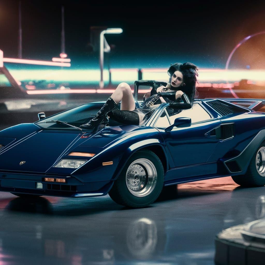 Synthwave Gothic Woman on Lamborghini Countach