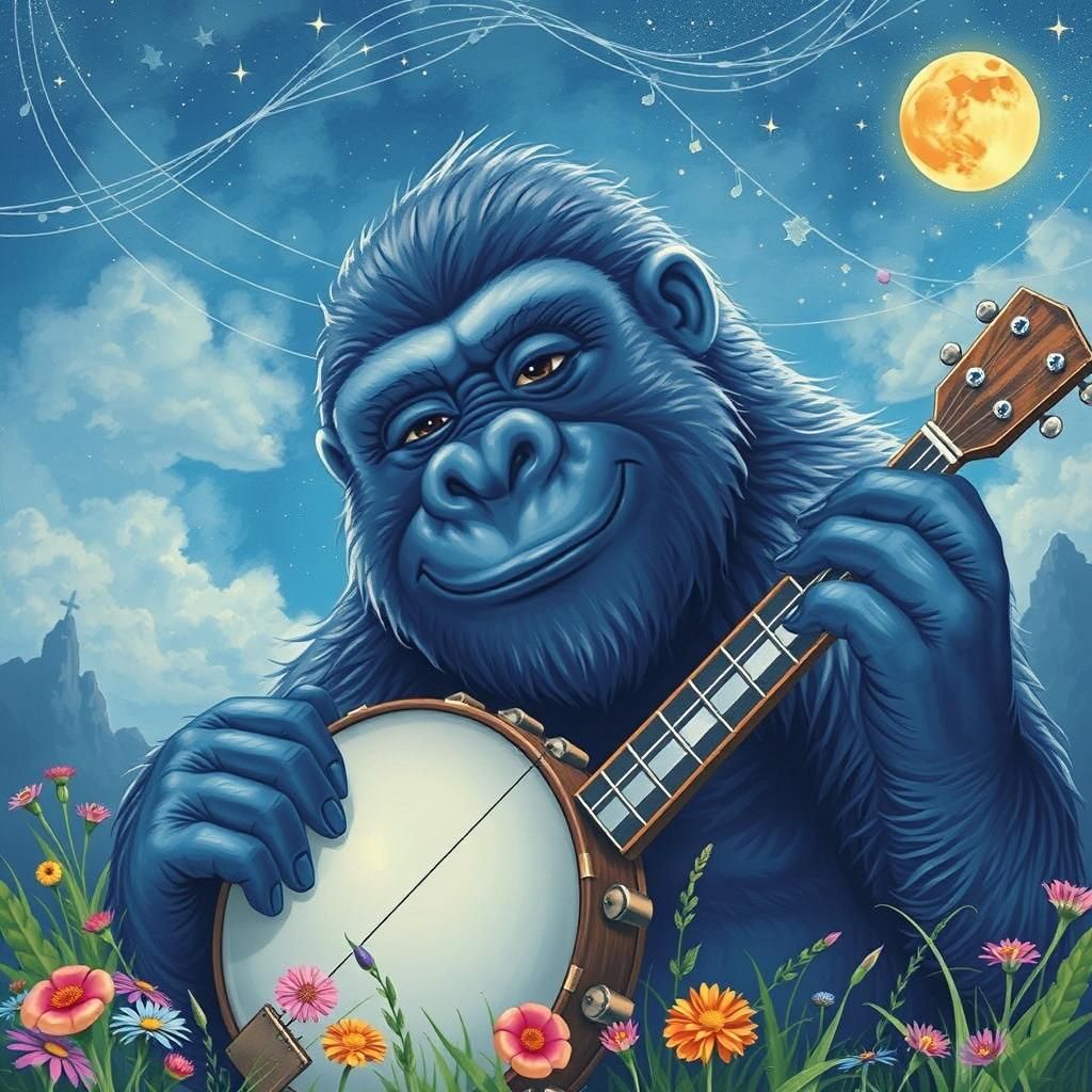 Smiling Blue Gorilla in Celestial Citadel