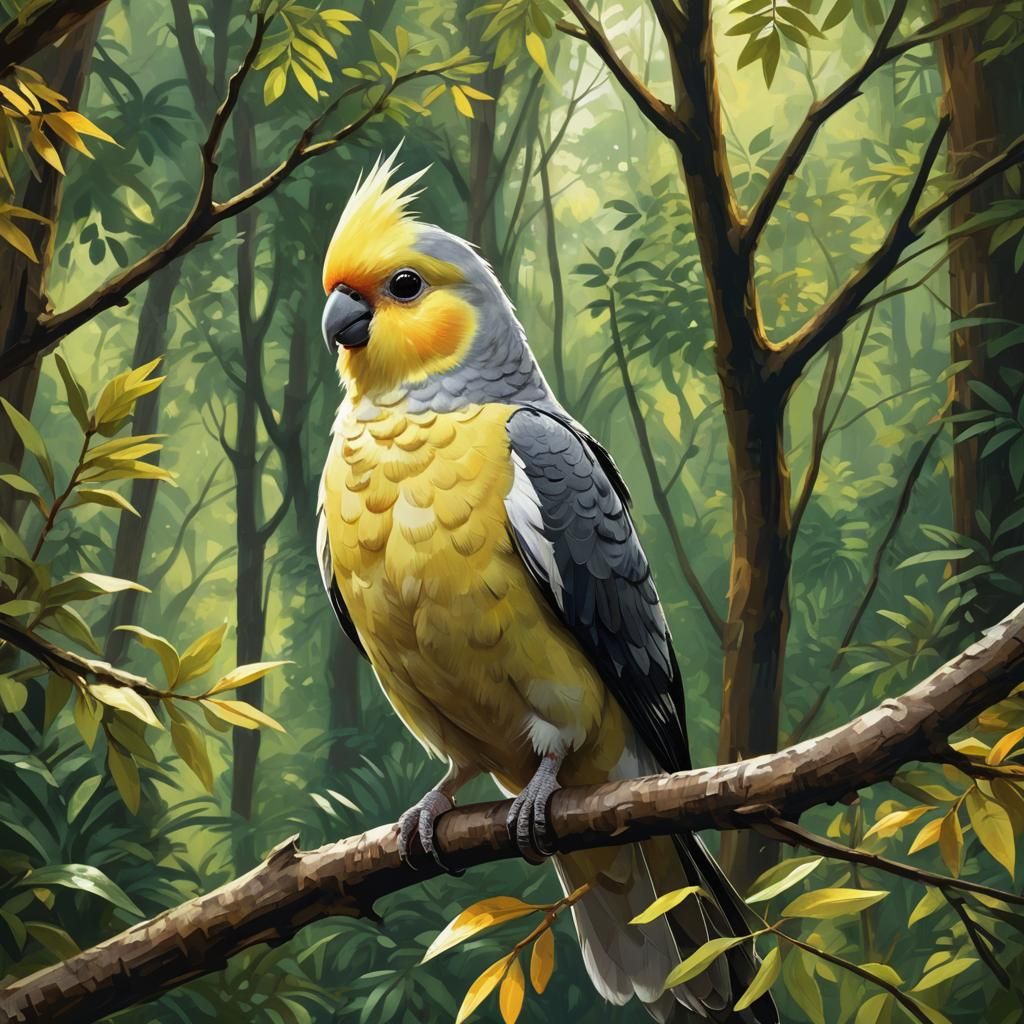 Cockatiel in Forest, Digital Painting