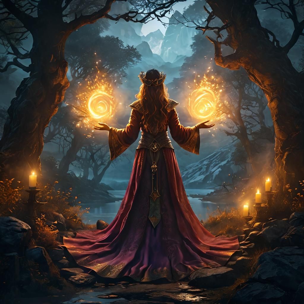 Enchanting Sorceress Conjuring Magic in Fantasy Landscape