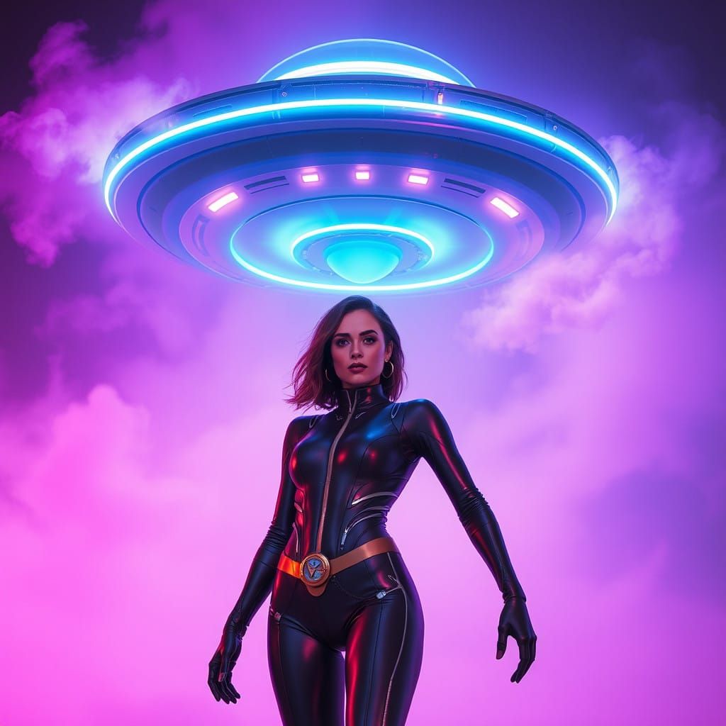 Female Hero in Neon UFO Futurism