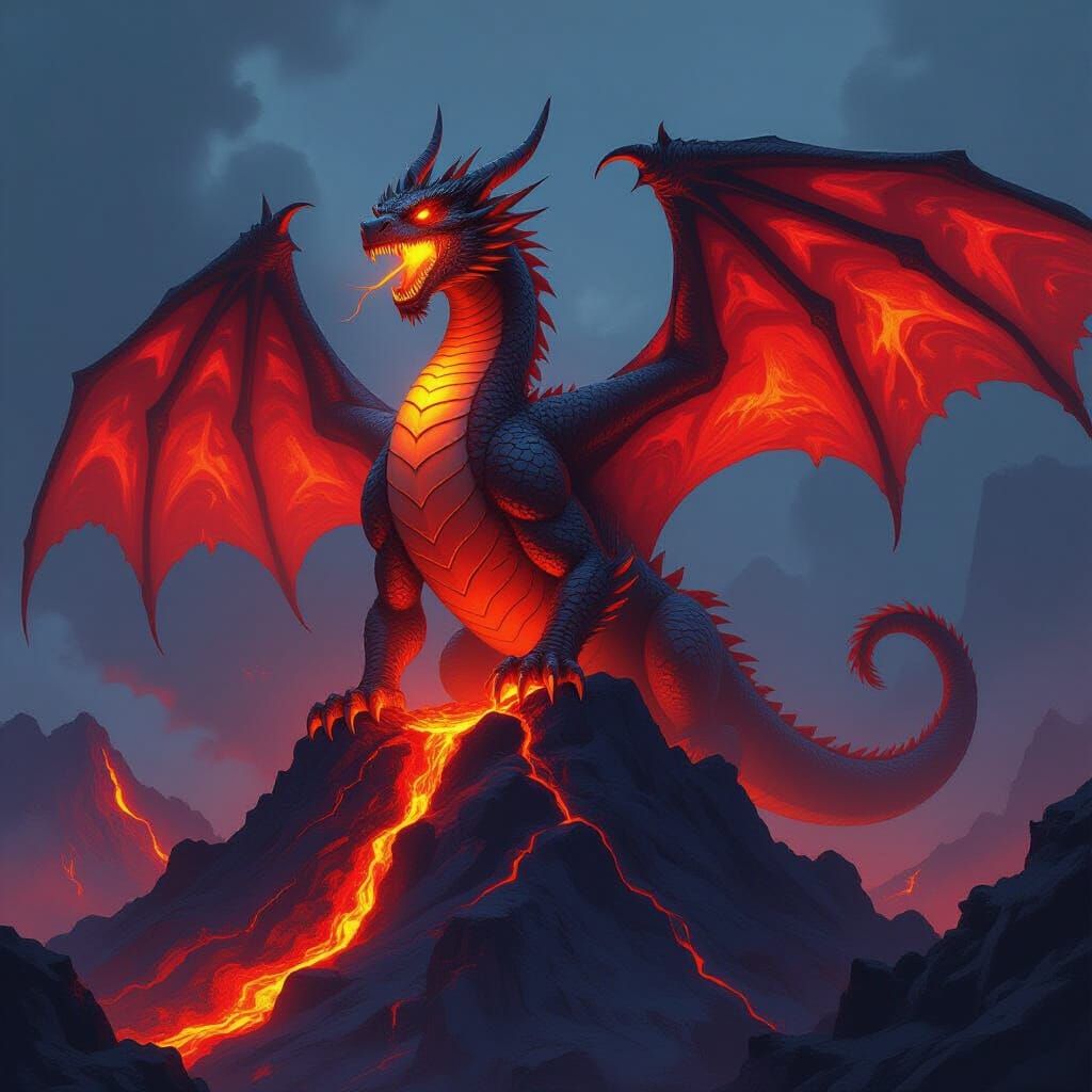 Fiery Dragon Roaring Atop a Volcano