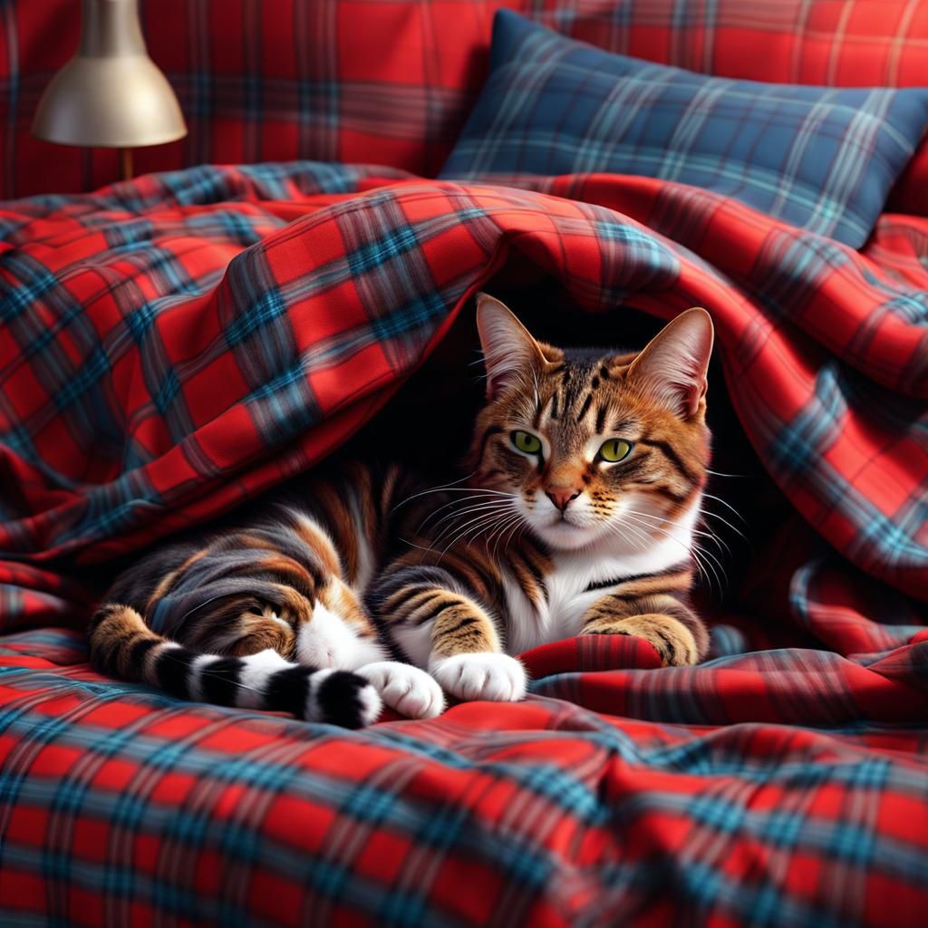 Cat Sleeping in Red Plaid at Night in 3D