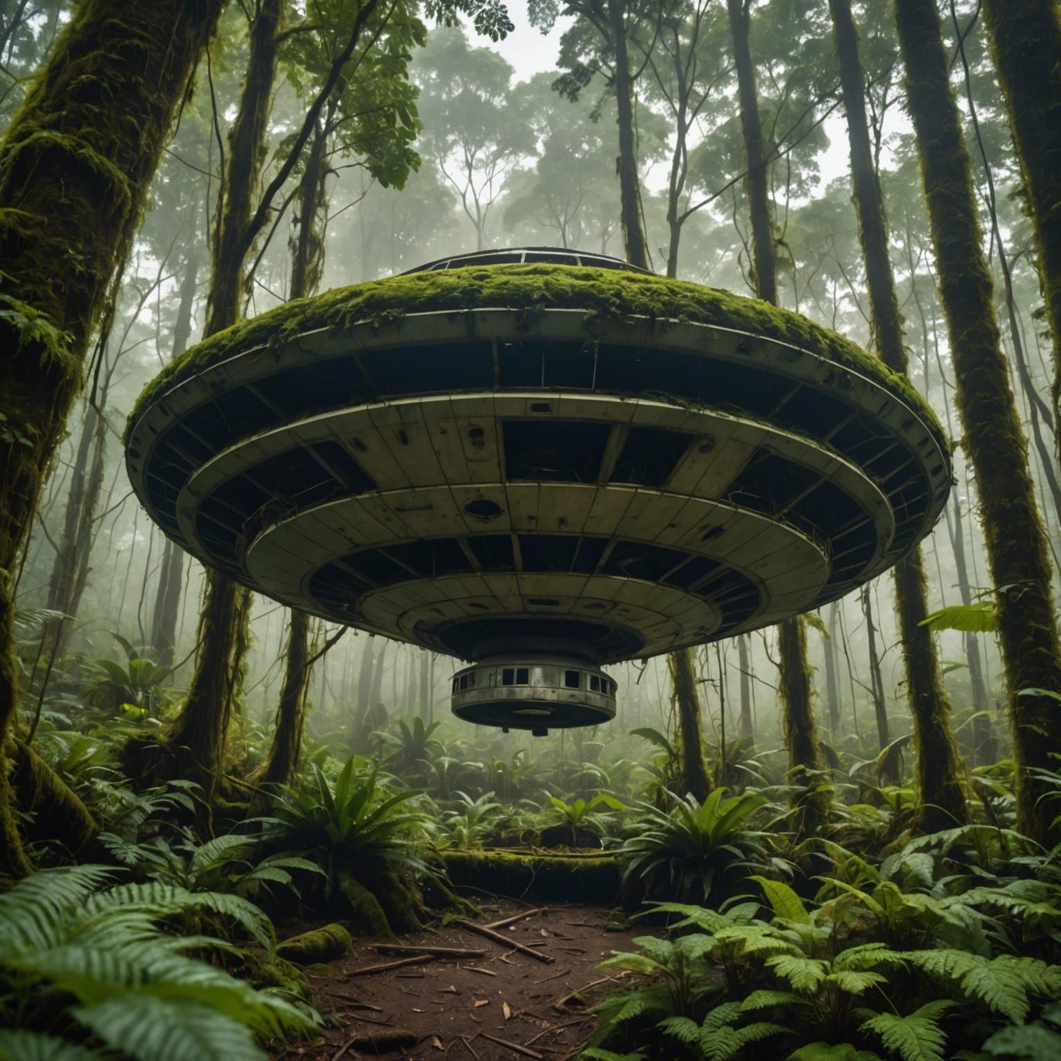 Abandoned UFO Flying Saucer in Misty Rainforest