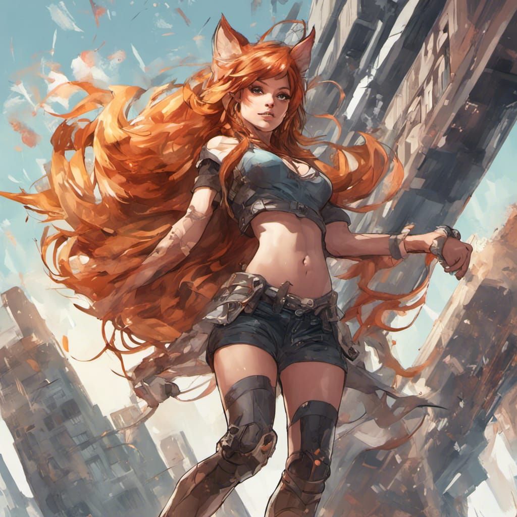 Adorable ginger Fox-girl VIXEN, shows super power abilities of strength.