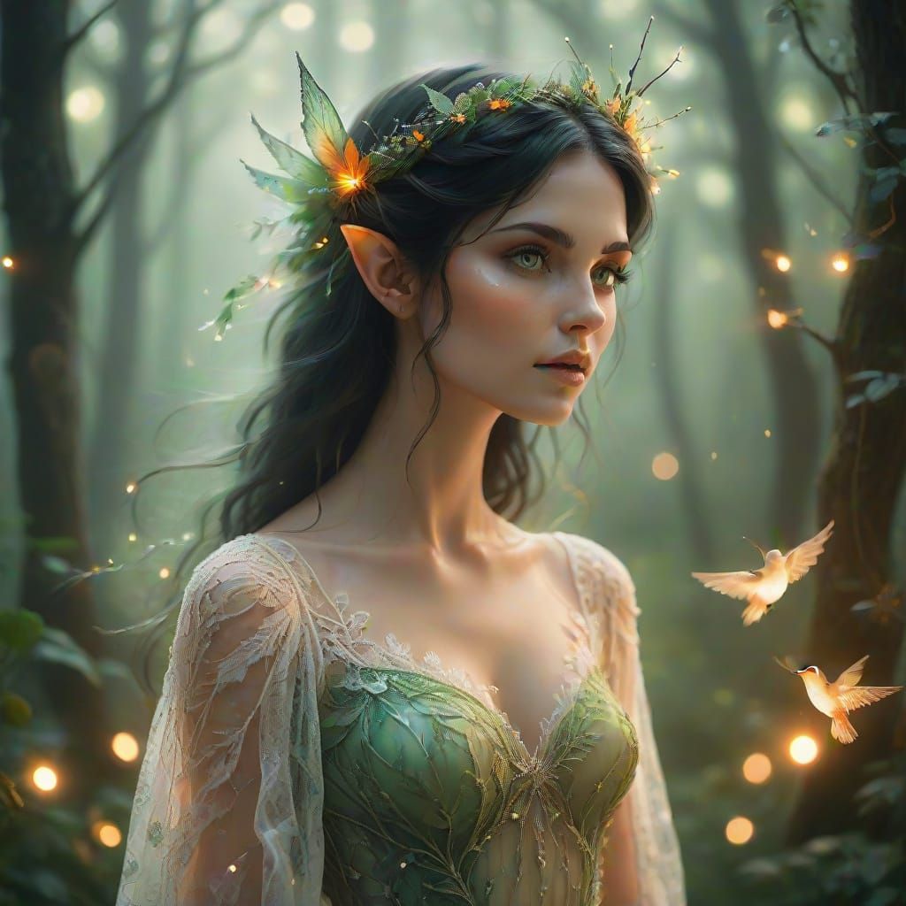 Ethereal Elf Maiden in Vibrant Forest Grove