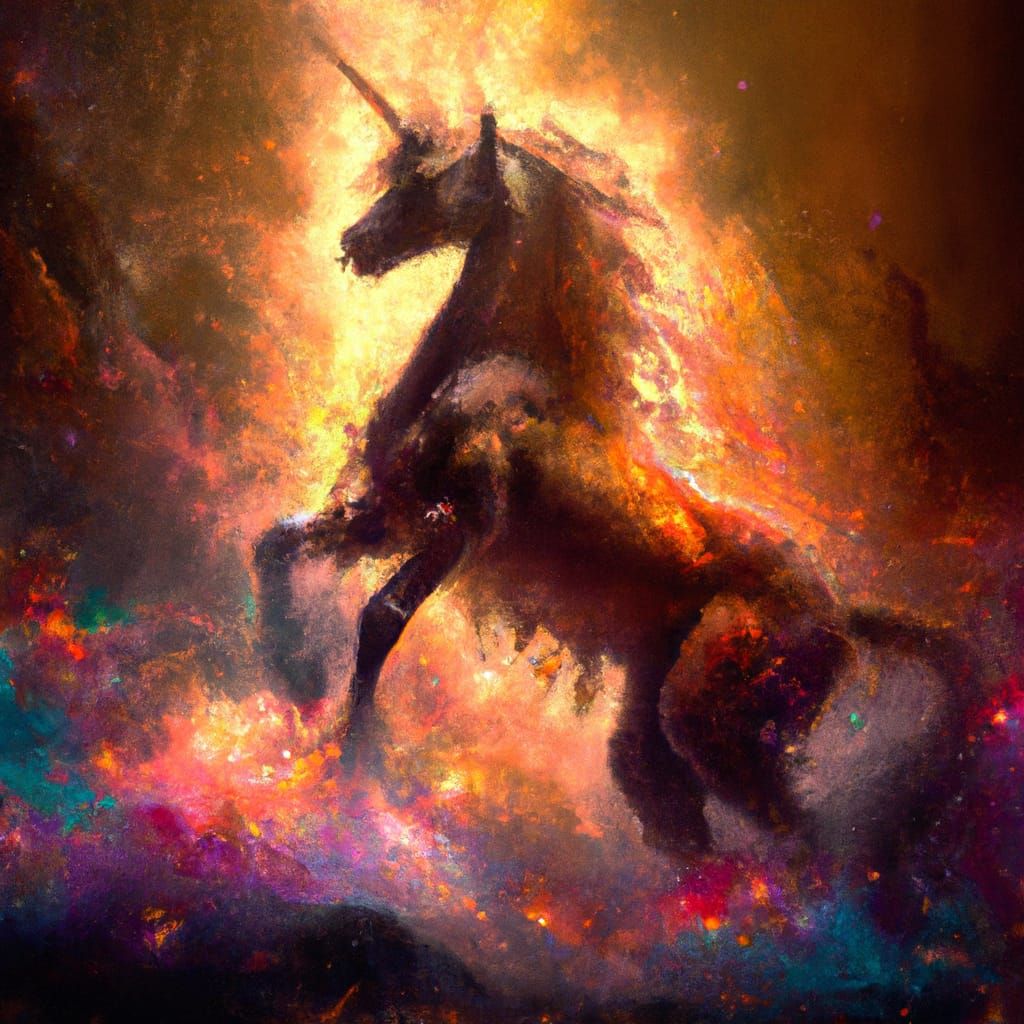 Magical Unicorn in Lava, Classical Art Style