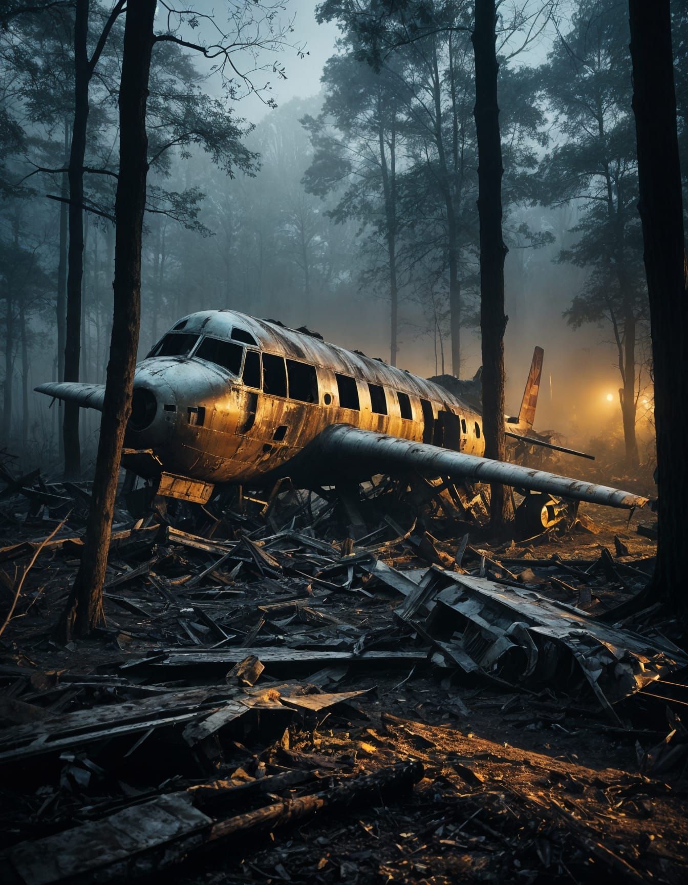 Creepy Wrecked Airplane in Misty Dark Forest