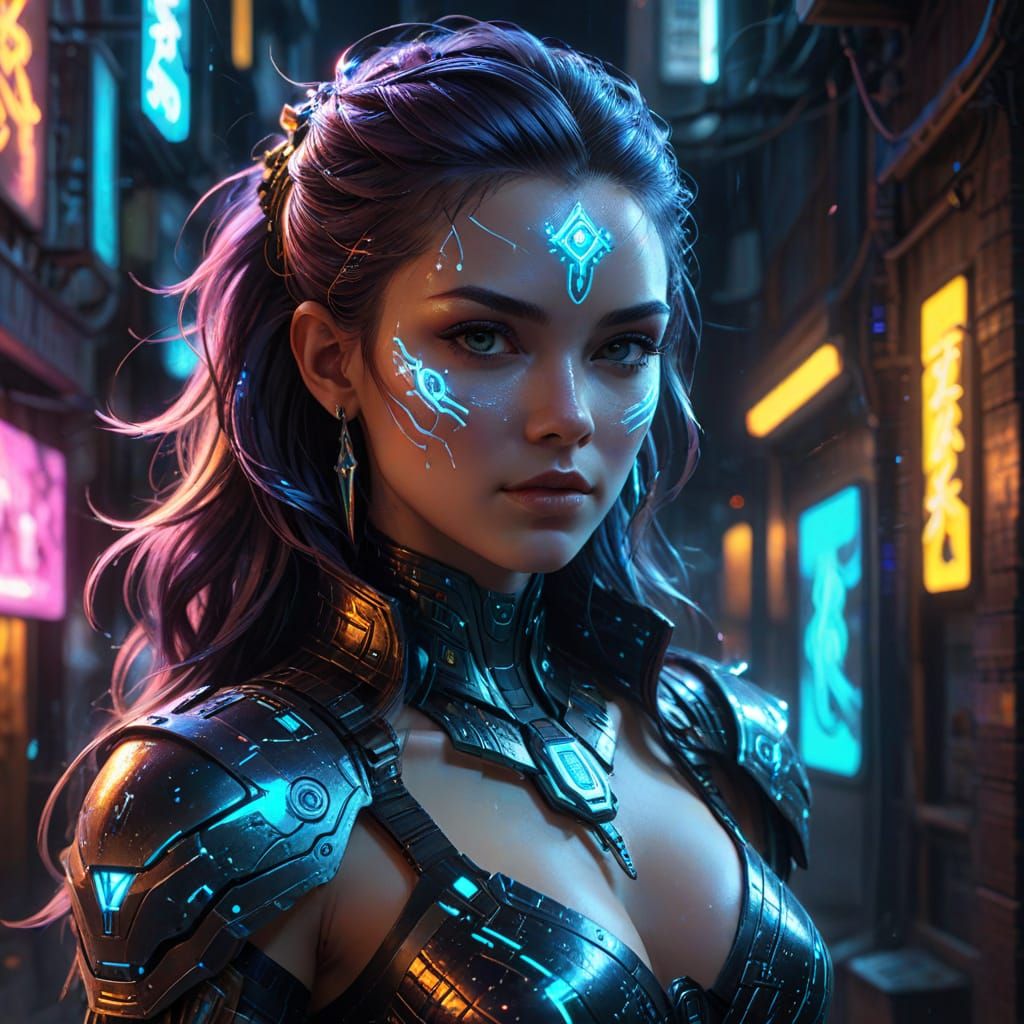 Celestial Sorceress in Cyberpunk Style with Fiber Optic Hair