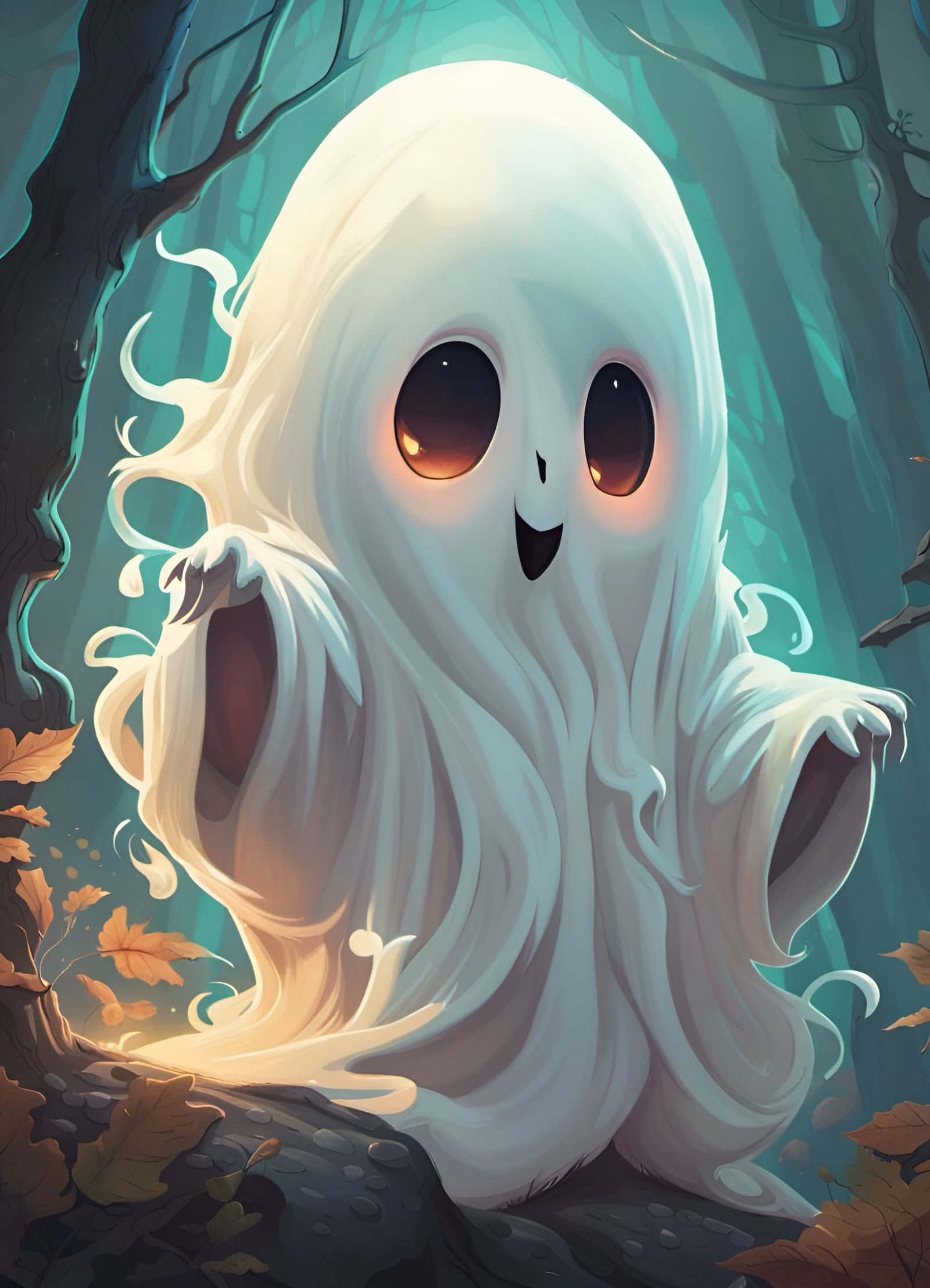 Cute Ghost in Forest, Digital Illustration