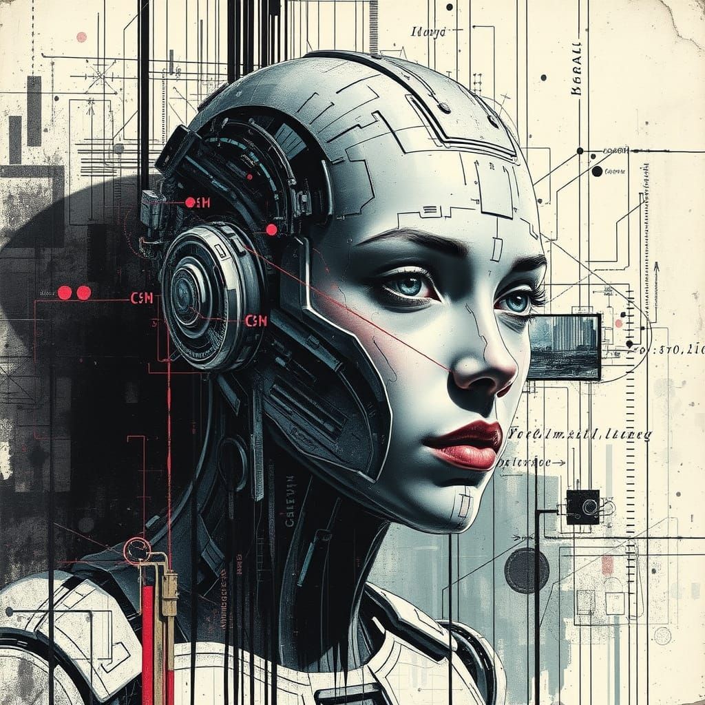 Futuristic Android in Distressed Digital Portrait