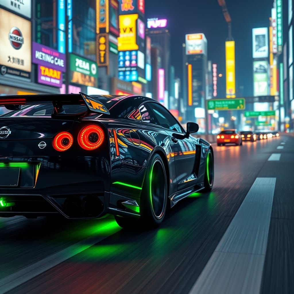 Futuristic Nissan Skyline on Highway in Cyberpunk Style