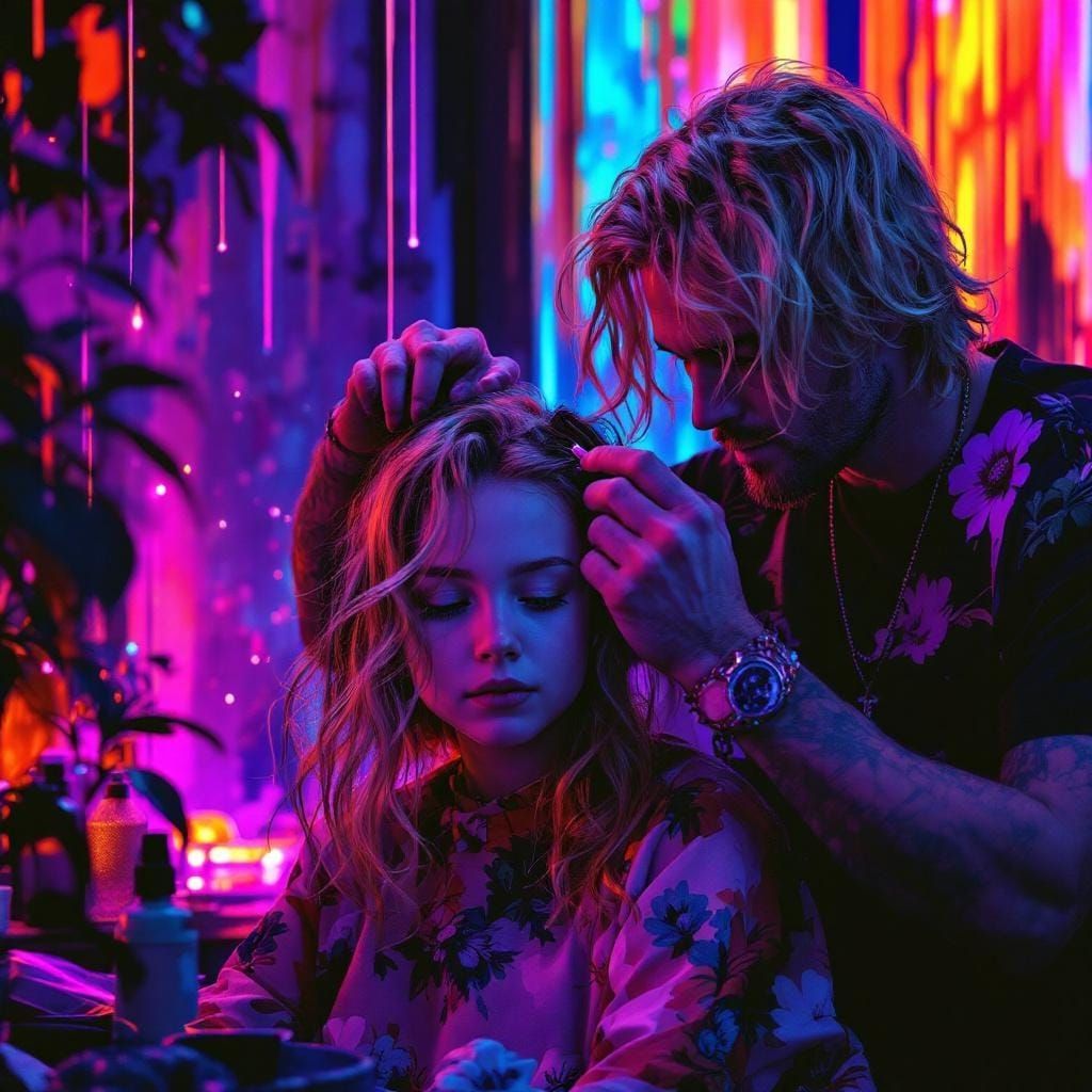Father Styling Daughter's Hair with Vibrant Colors