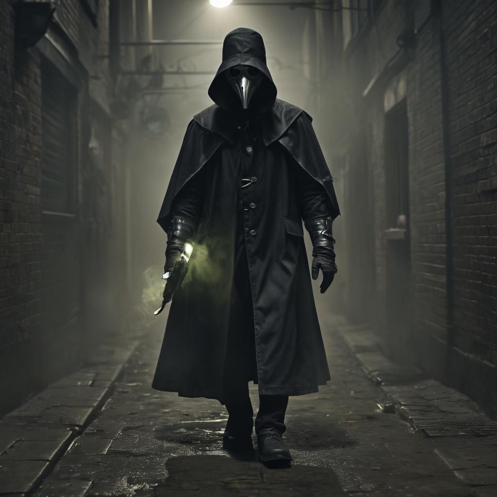 Plague Doctor in Foggy Alley with Fluorescent Accents