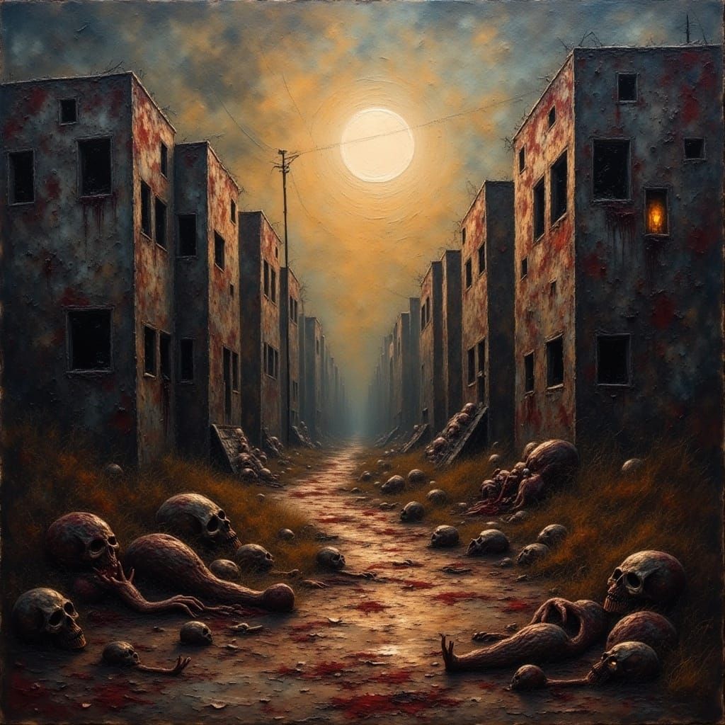 <lora:Grungy Oil Paintings:0.7> back lit zombie apocalypse grungy oil painting