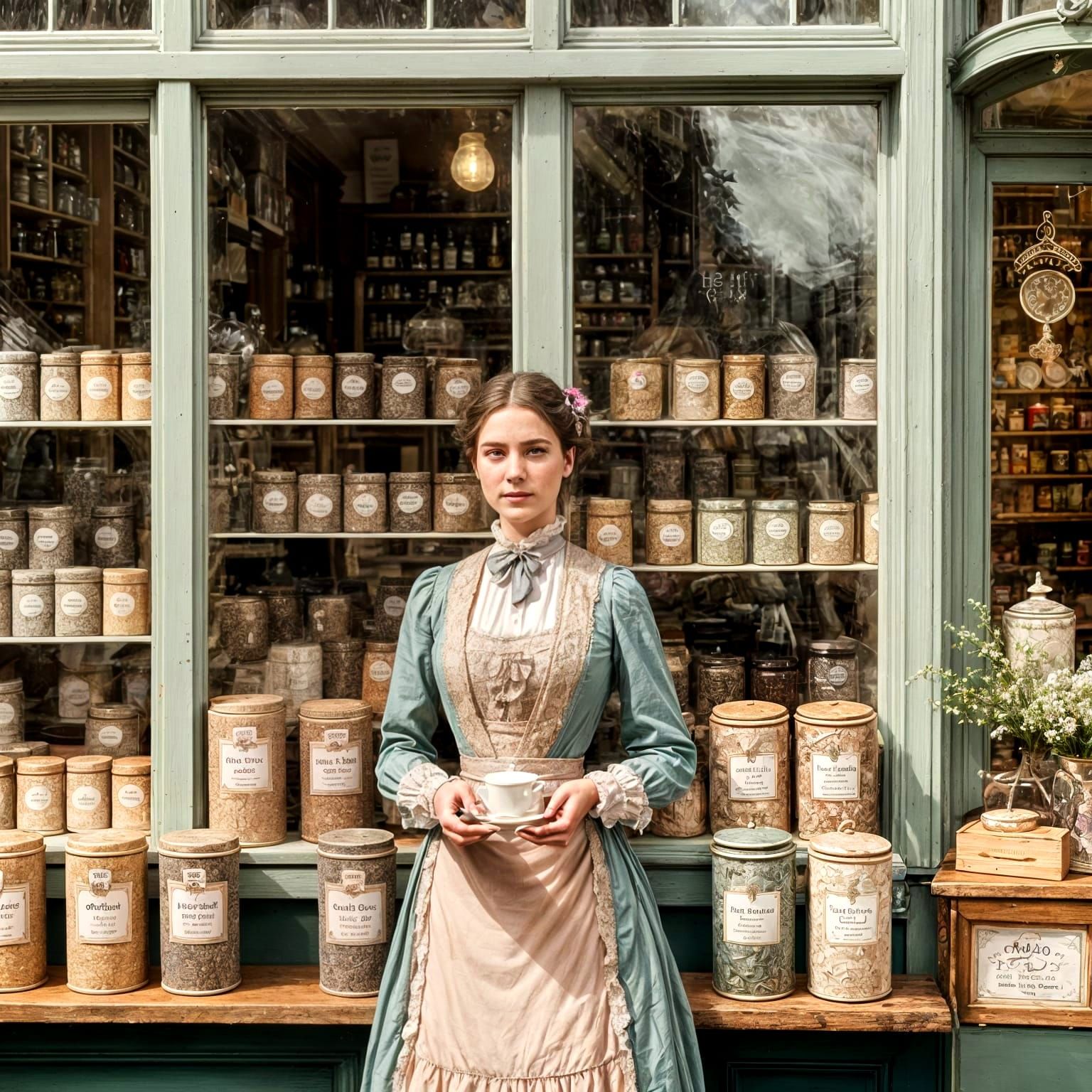 Victorian Era Tea Shop Scene in Muted Colours