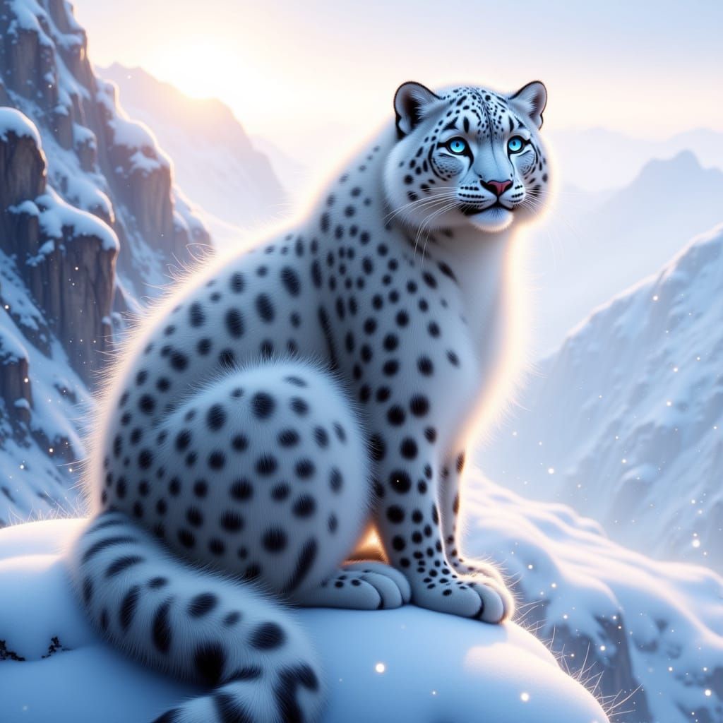 Majestic Snow Leopard on Mountain Peak at Sunrise