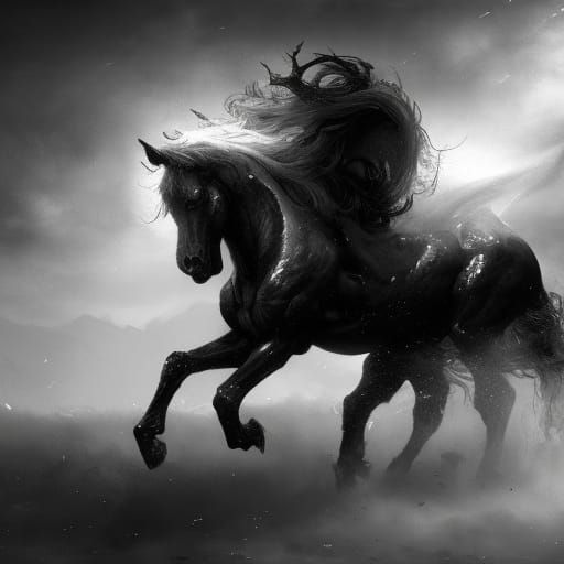 Mystical Horse in Black and White: Dark Fantasy Art
