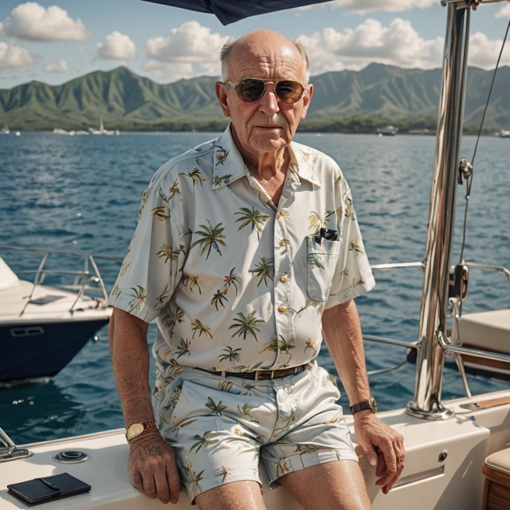 Elderly Man Relaxes on Yacht in Photorealistic Style