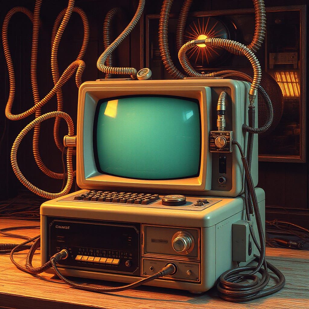 1950s Computer with Ornate Cables in Retro-Futuristic Style