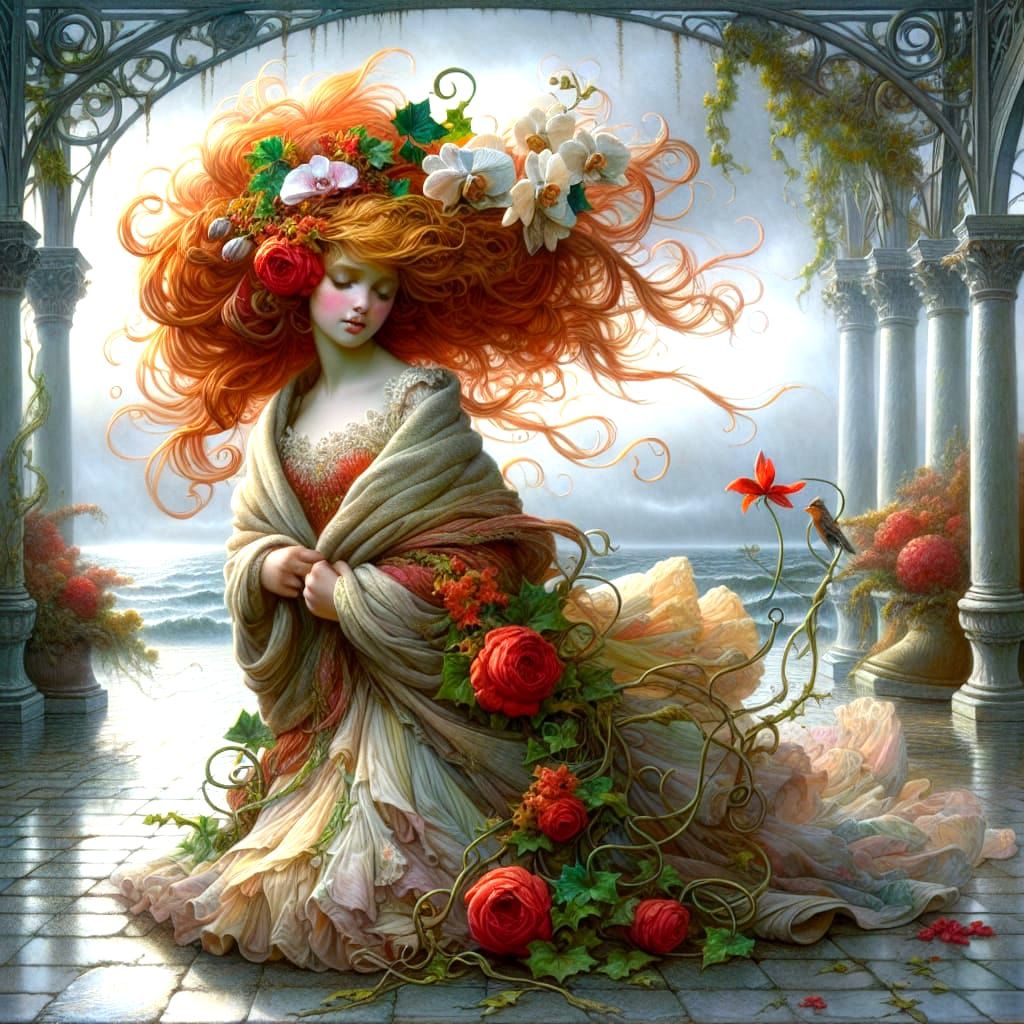 Victorian Ballerina in Misty Courtyard