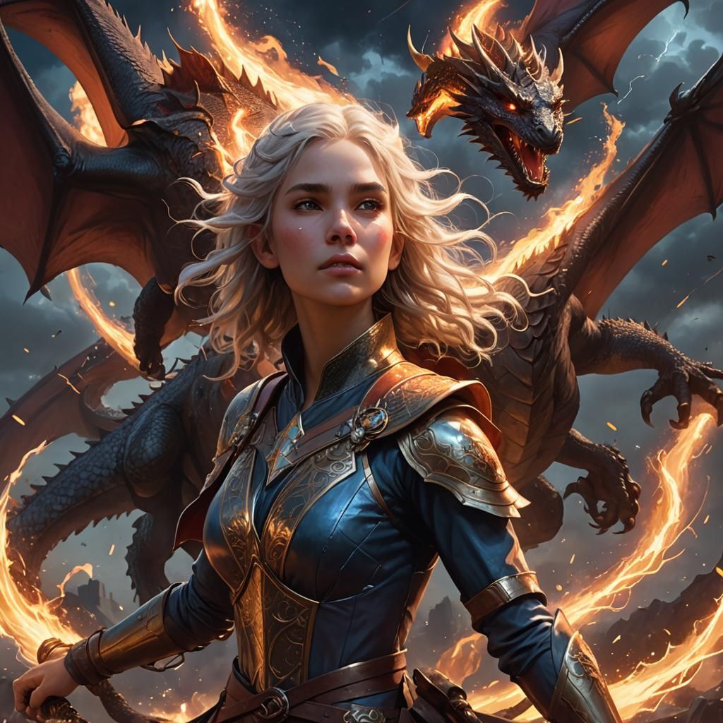 Girl on Fire-Breathing Dragon: Fantasy Portrait
