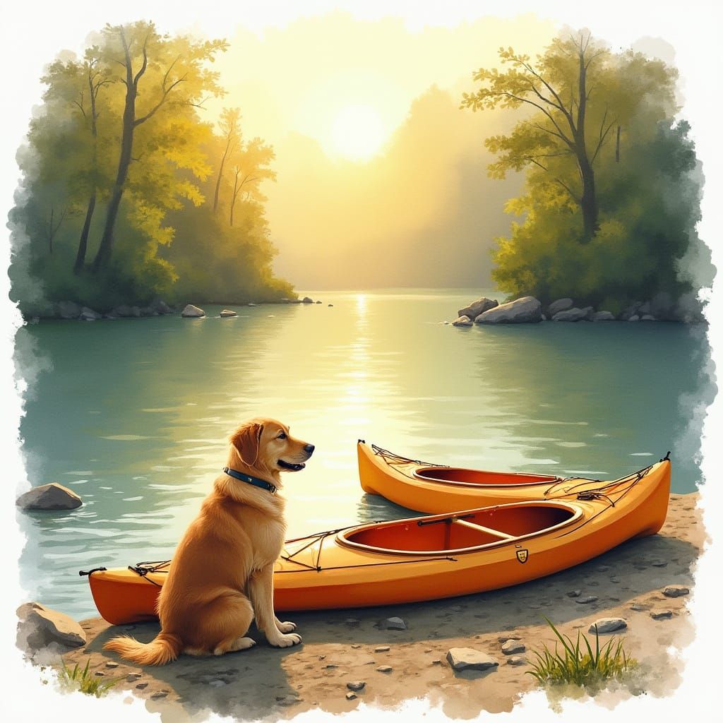 Golden Retriever and Kayaks at Lake in Watercolor Style