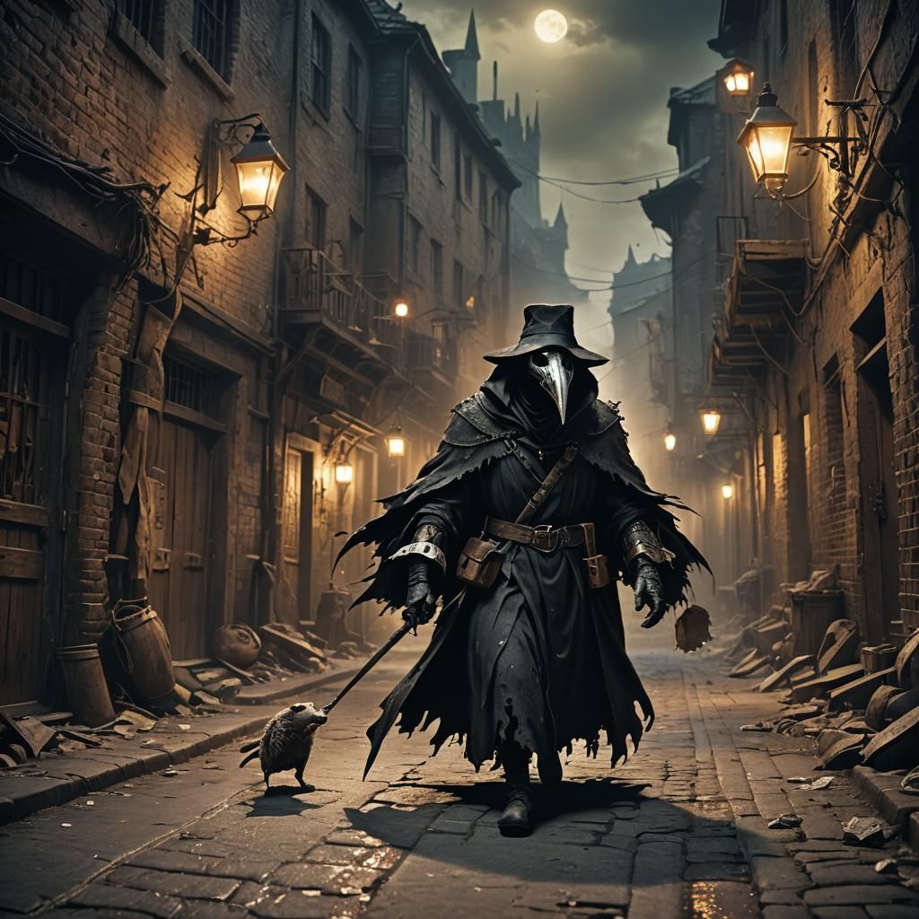 Plague Doctor Rides Rat in Dark Fantasy Alley