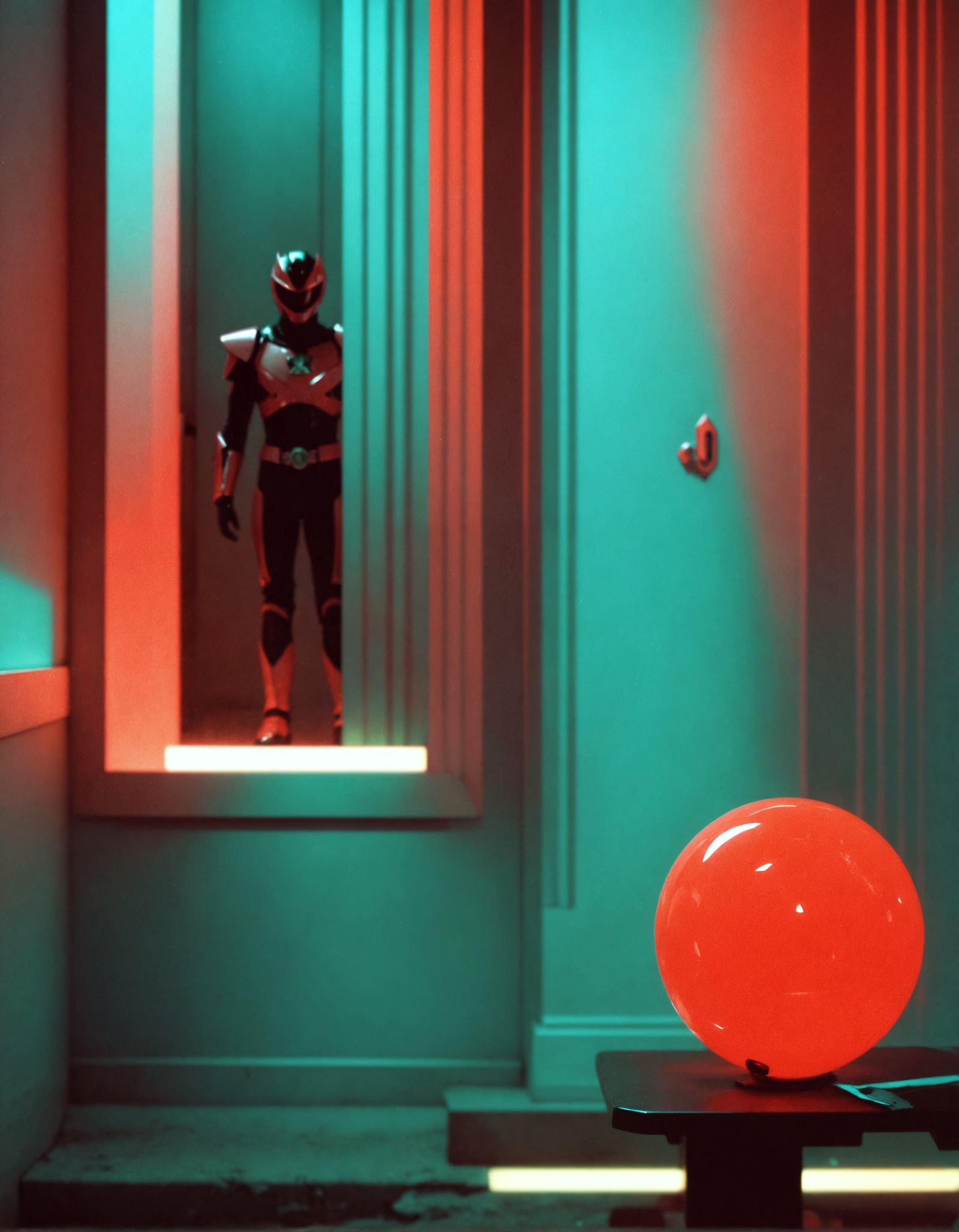 Surreal, Retro-Futuristic Horror Figure in Distressed, Neon-...