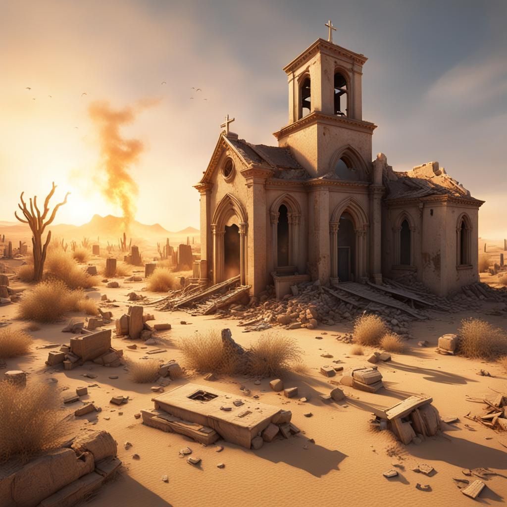 Desert Church Ruins Ablaze: Photorealistic Detailed Image