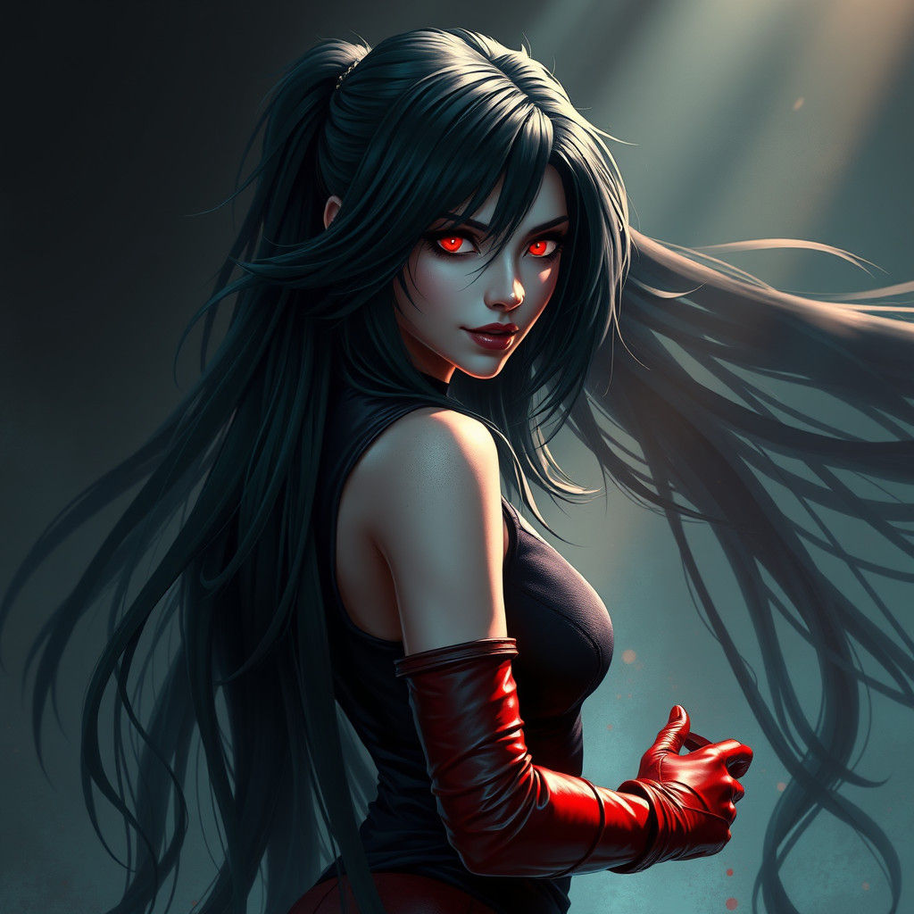 Mysterious Woman with Red Eyes in Dark Fantasy Style