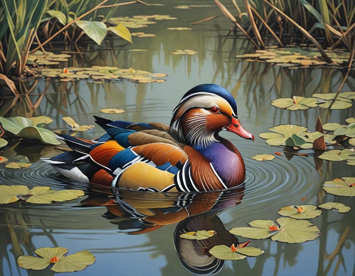 Mandarin Duck Gouache Painting on Lake