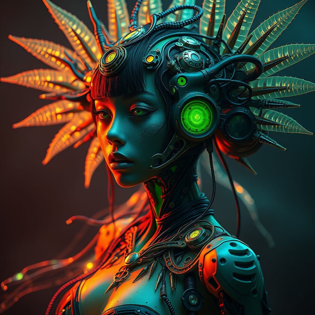 Japanese Woman Radiates in a Futuristic Biomechanical Aura