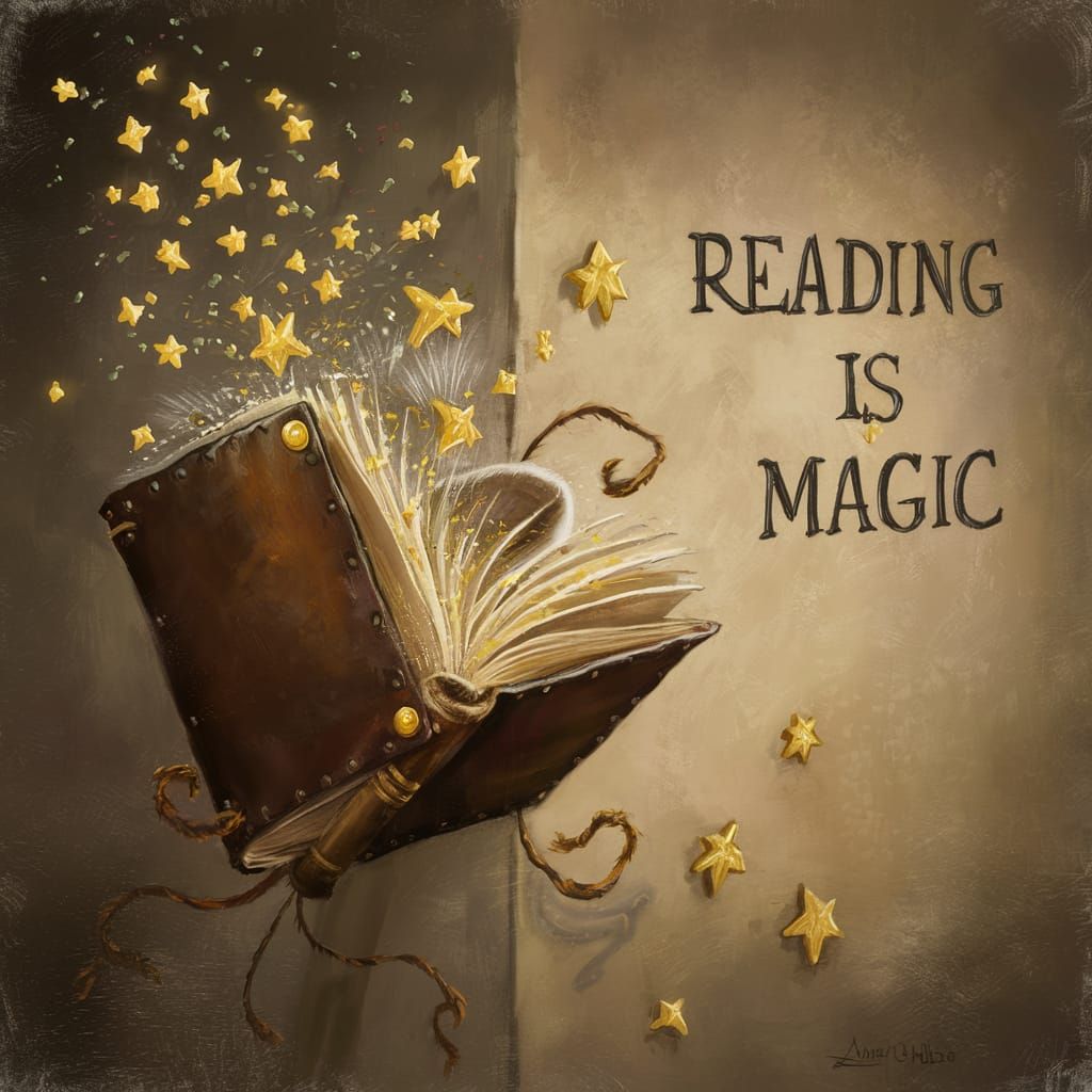 Enchanted Book Spewing Stars: A Whimsical Oil Painting