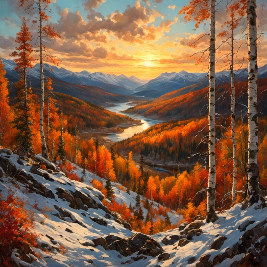 Sunset Valley Through Birch Trees