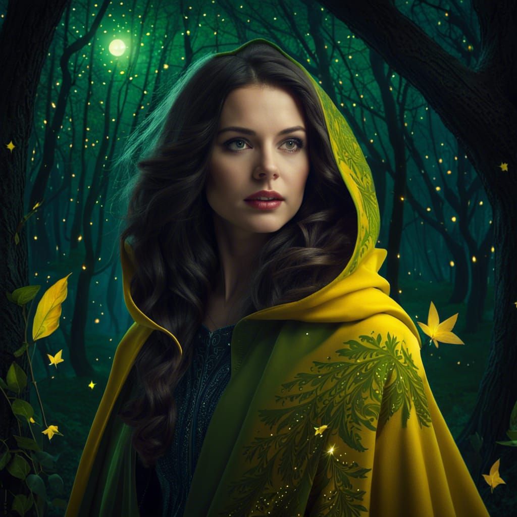 Brunette Woman Walks in Fantasy Forest at Night