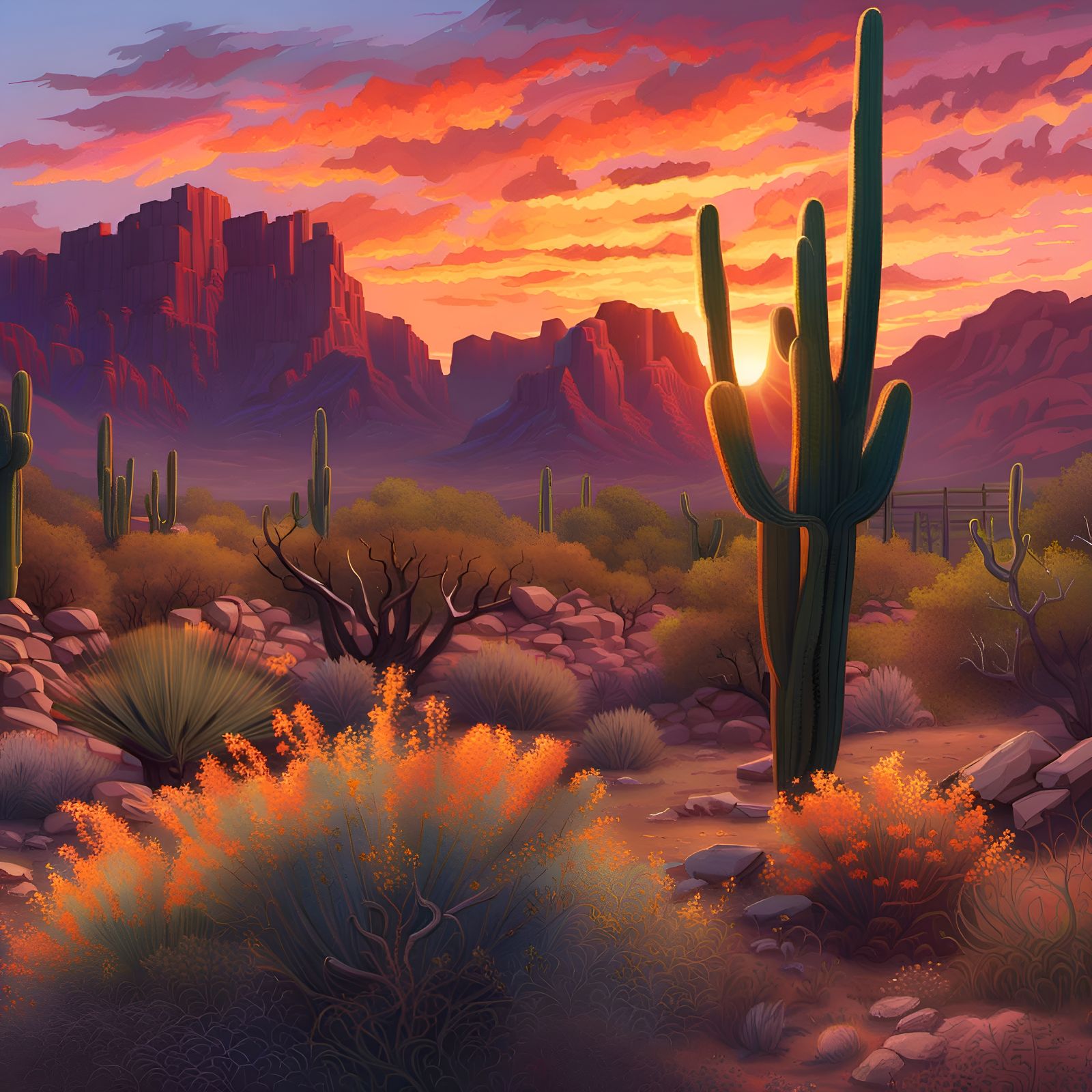 Arizona Sunset Over Superstition Mountains in Hyperrealistic...