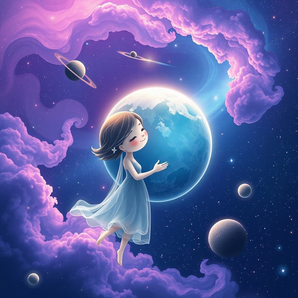Vibrant, whimsical CGI illustration of Earth and Moon, ...