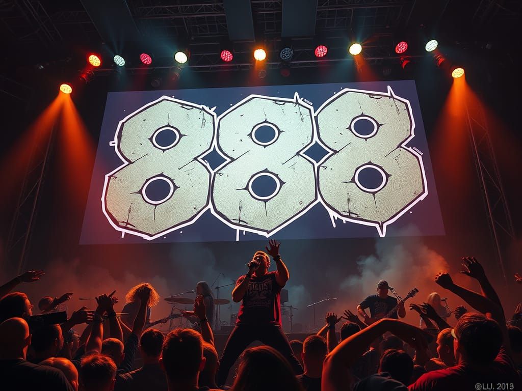 Heavy Metal Band Rages on Dimly Lit Stage with Colossal Graf...